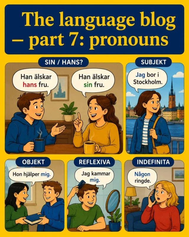 🇬🇧 Why is sin/sitt/sina so important in Swedish?
And what's the deal with the word man, which Swedes seem to use all the time?
As it turns out, a single pronoun can completely change the meaning of a sentence:

❌ Erik älskar hans fru.
✅ Erik älskar sin fru.

One means Erik loves someone else's wife. The other means Erik loves his own wife.

And then there's man – a tiny word that reveals something interesting about Swedish communication and culture. Instead of saying you should do this, Swedes often say man brukar göra så här ("people usually do it this way").

In the final part of our Language Blog series, we break down Swedish pronouns with practical examples, everyday sentences and audio files.

📖 Link to the full blog post in the comments.

#learnswedish #swedishlanguage #swedishforexpats #swedishgrammar #swedishlessons